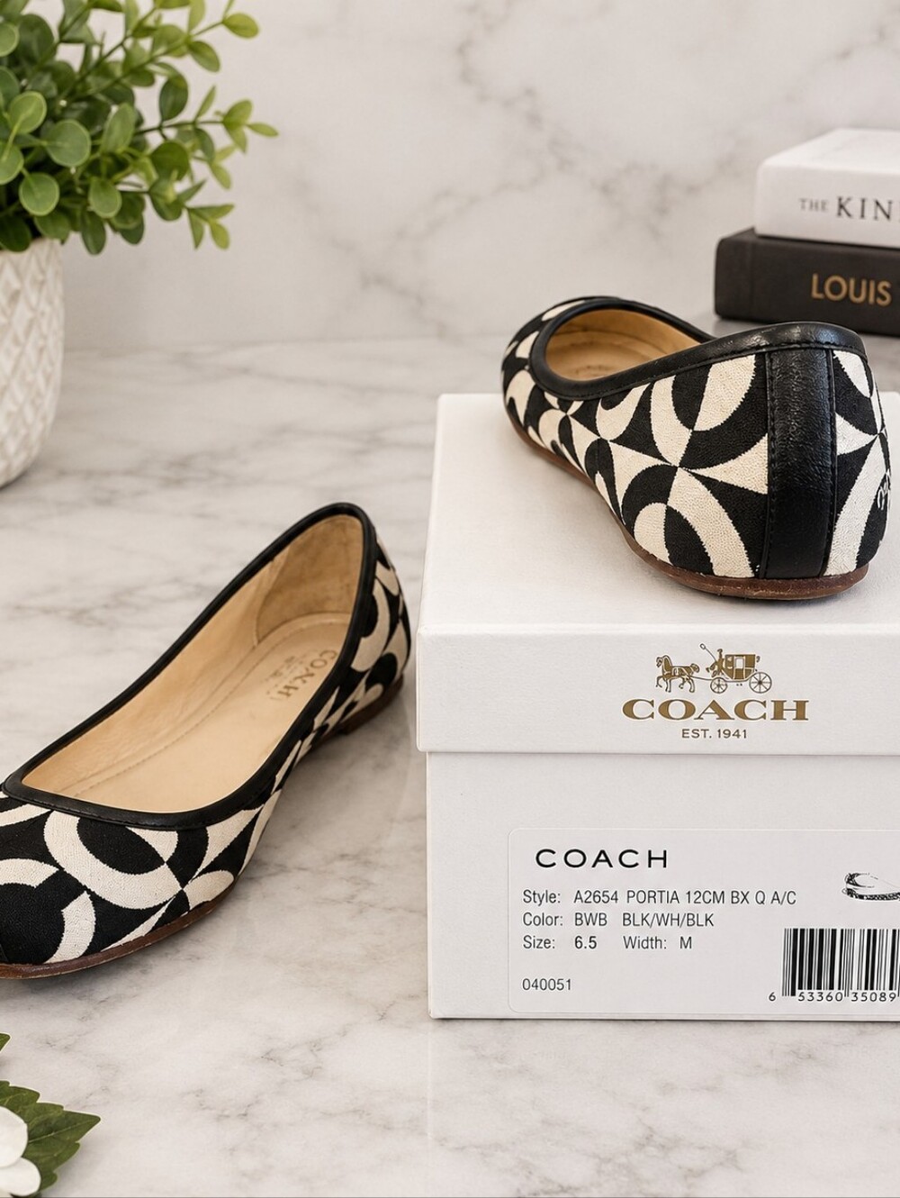 Coach Black & White Geometric Canvas Ballet Flats